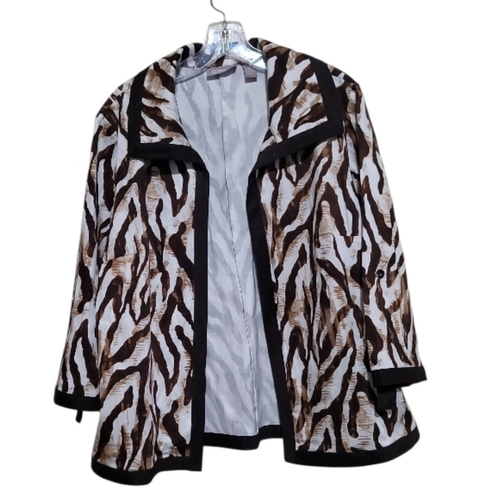 Chico's Brown White Open Front Animal Print 3/4 length roll-tab sleeves Sz L